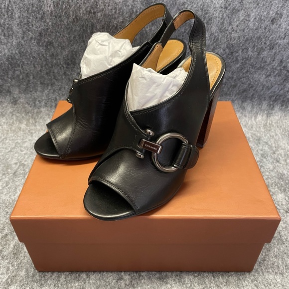 Coach Sherry Semi Matte Calf Leather Slingback Heels Size 6.5B Black - Picture 1 of 13